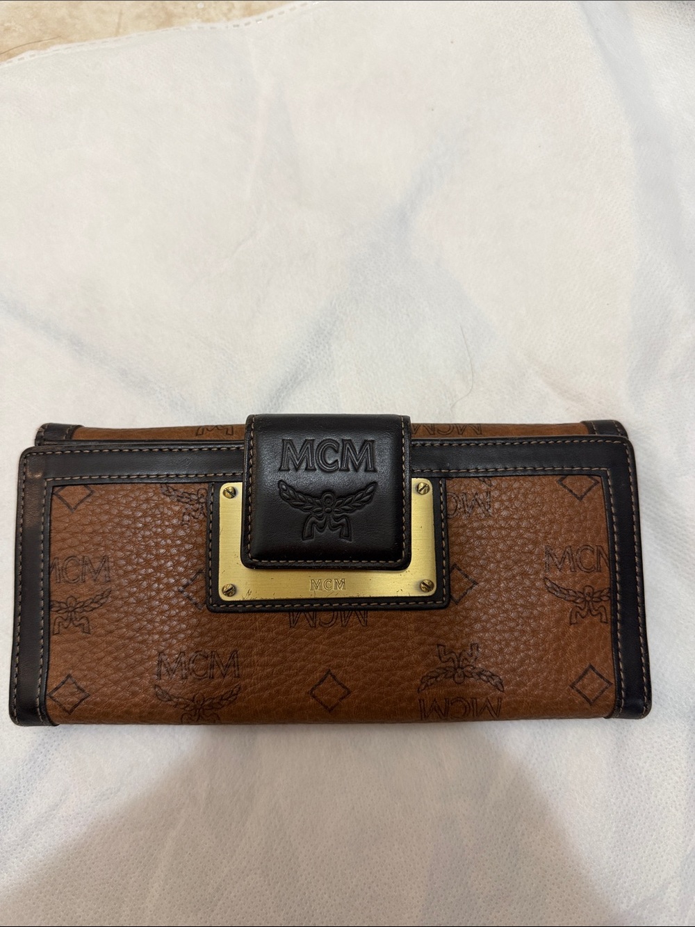 MCM Brown and Black Logo Continental Wallet with Gold Plate